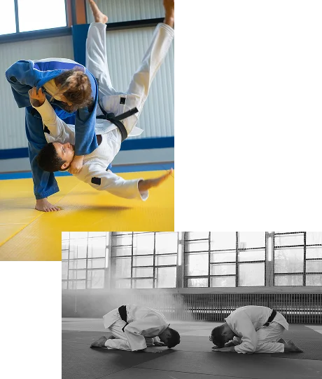 Atletas de judo realizando uma técnica de arremesso e fazendo uma reverência no tatame, demonstrando disciplina, respeito e treinamento tradicional de artes marciais em um dojo